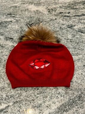New Custom Designed Raspberry Red Slouchy Pom Beanie with Large Ruby Gem